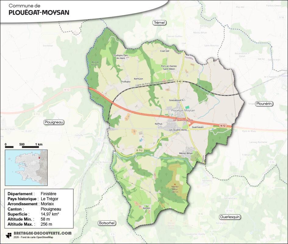 Carte de la commune de Plouégat-Moysan dans le Finistère.