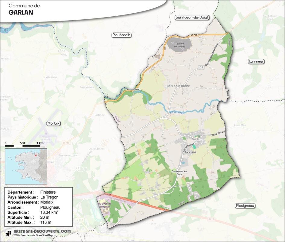 Carte de la commune de Garlan dans le Finistère.