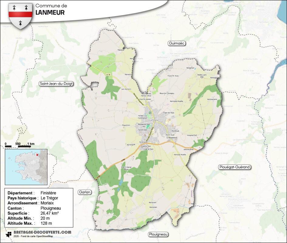 Carte de la commune de Lanmeur dans le Finistère.