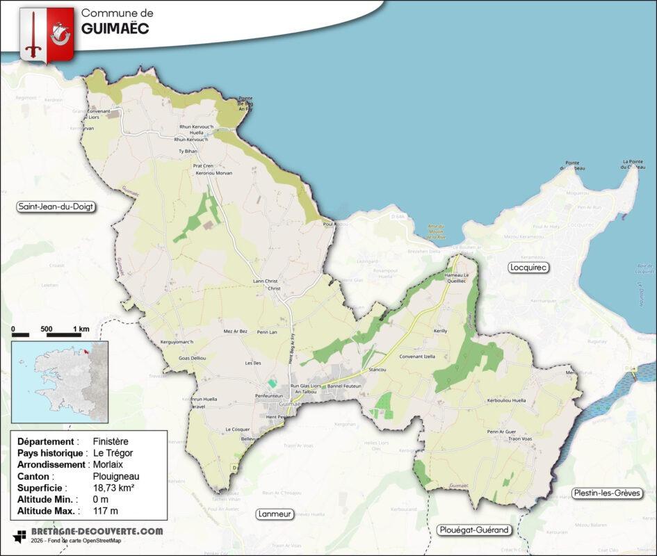 Carte de la commune de Guimaëc dans le Finistère.