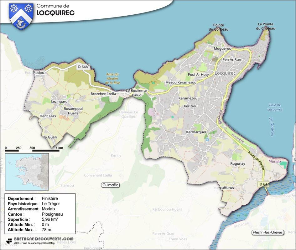 Carte de la commune de Locquirec dans le Finistère.