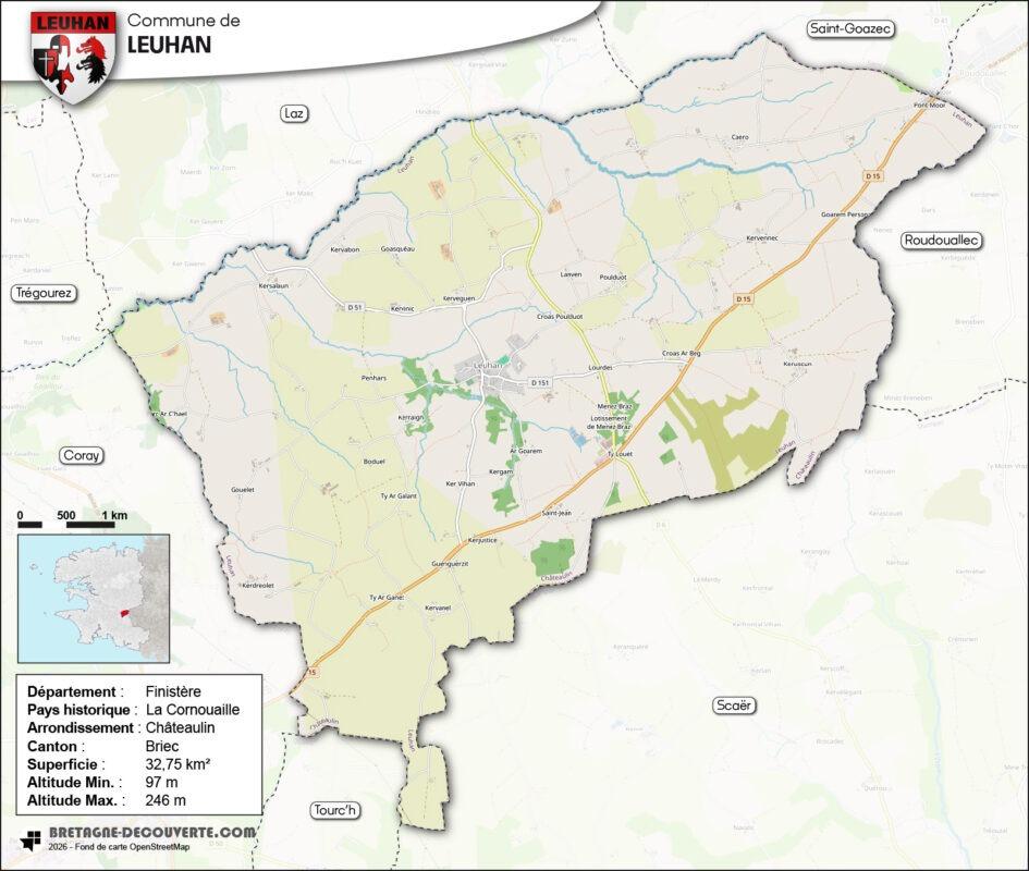 Carte de la commune de Leuhan dans le Finistère.