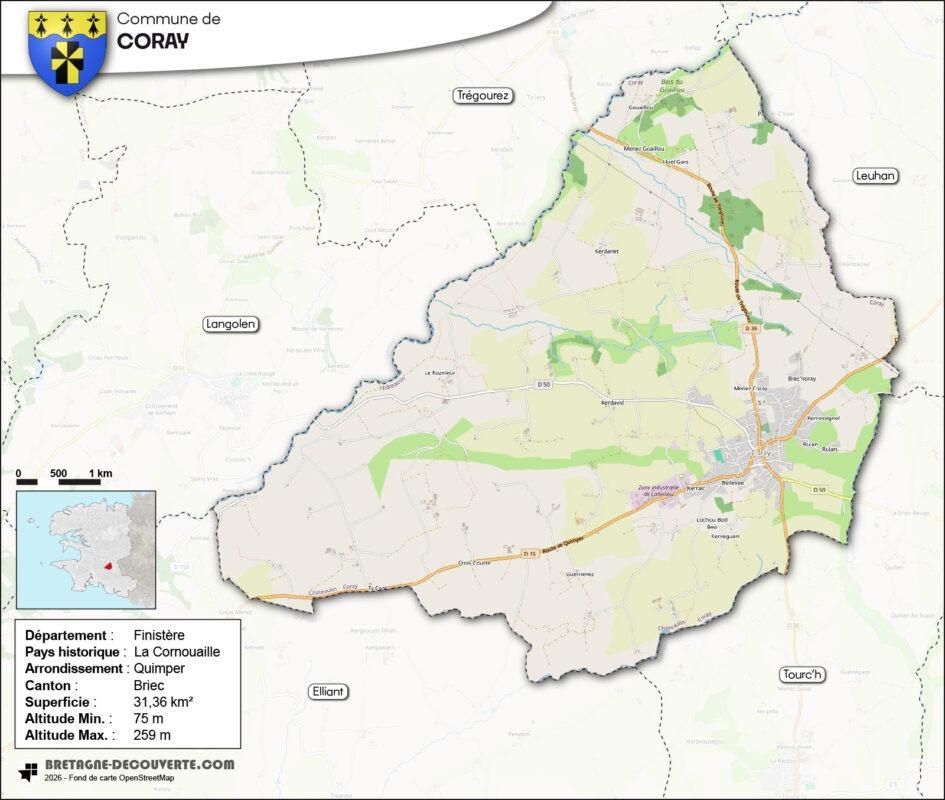 Carte de la commune de Coray dans le Finistère.