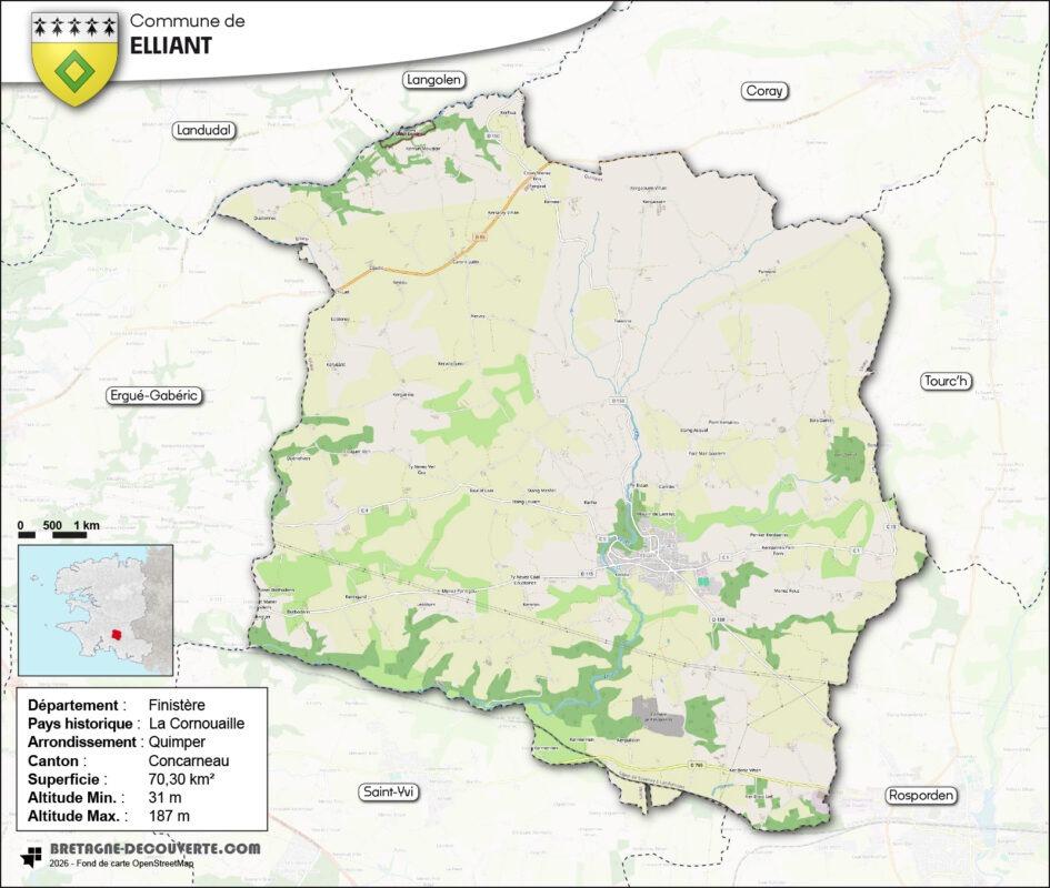 Carte de la commune d'Elliant dans le Finistère.