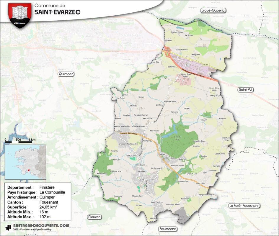 Carte de la commune de Saint-Évarzec dans le Finistère.