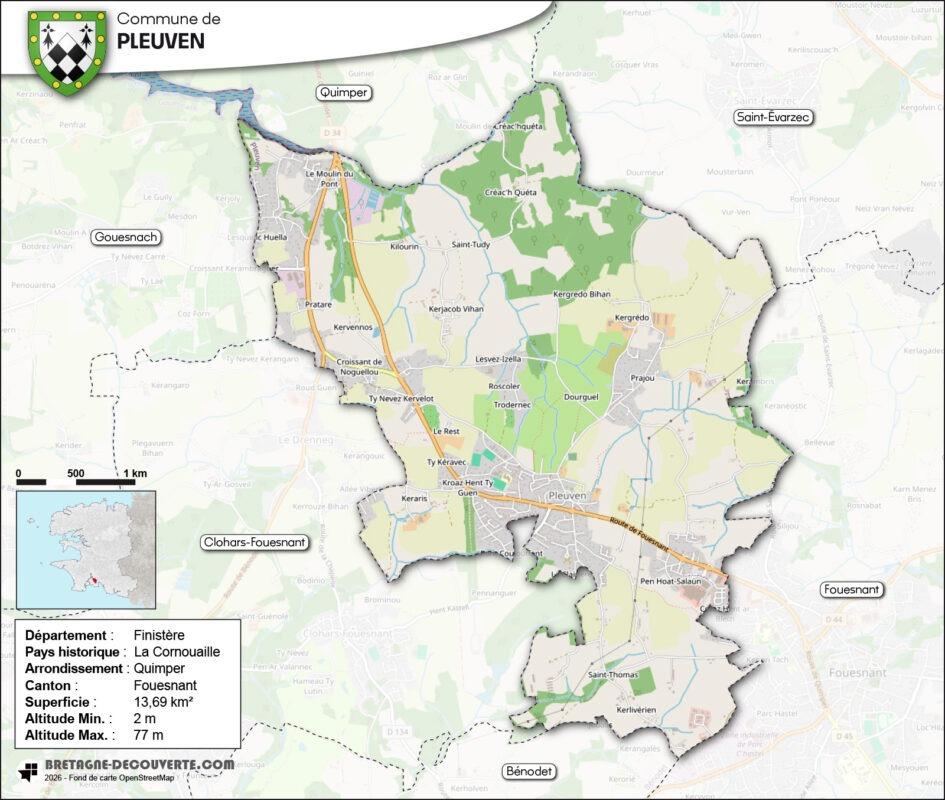 Carte de la commune de Pleuven dans le Finistère.