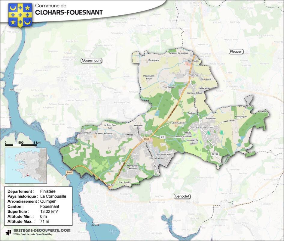 Carte de la commune de Clohars-Fouesnant dans le Finistère.