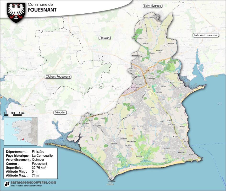 Carte de la commune de Fouesnant dans le Finistère.