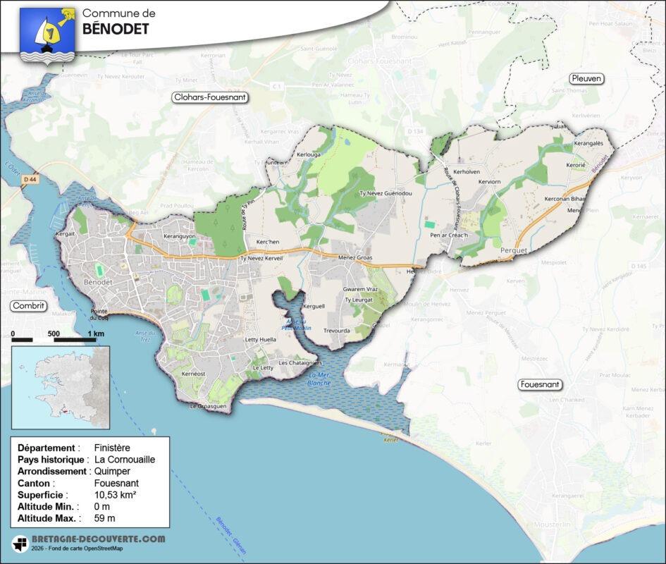 Carte de la commune de Bénodet dans le Finistère.