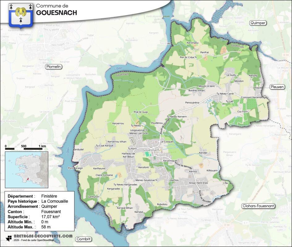 Carte de la commune de Gouesnach dans le Finistère.