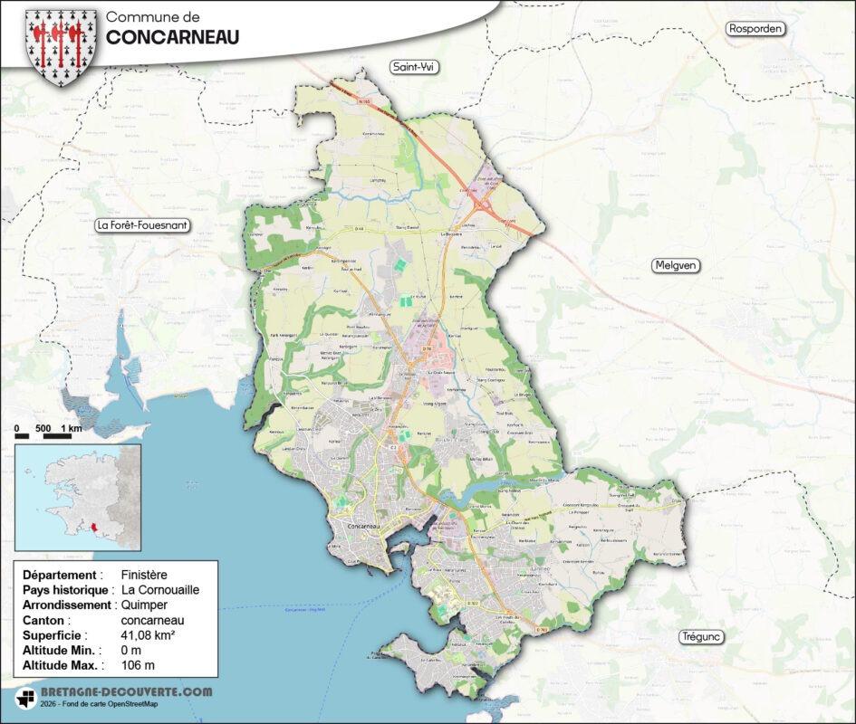 Carte de la commune de Concarneau dans le Finistère.