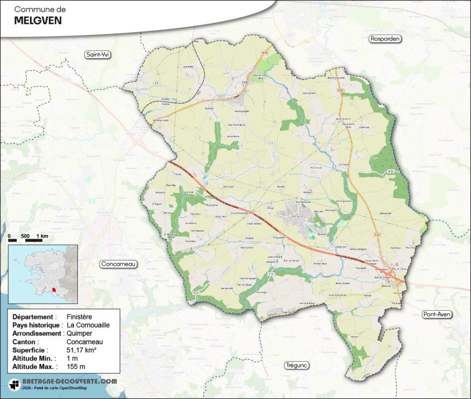 Carte de la commune de Melgven dans le Finistère.