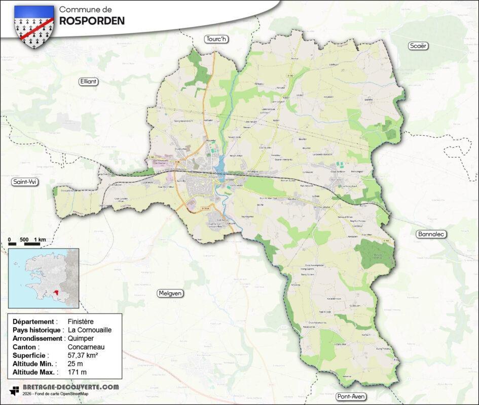 Carte de la commune de Rosporden dans le Finistère.