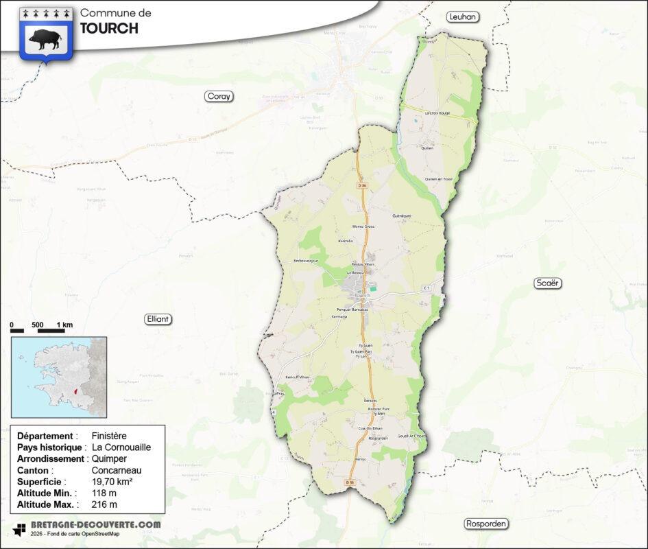 Carte de la commune de Tourc'h dans le Finistère.