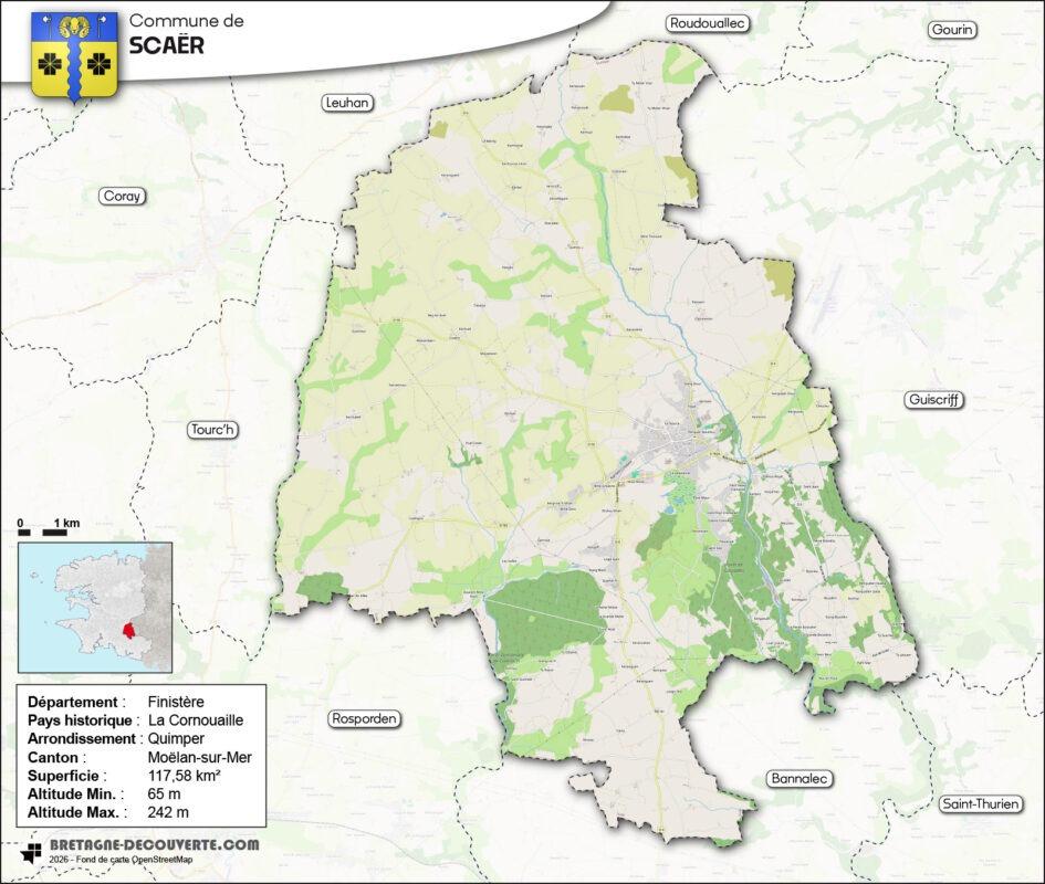 Carte de la commune de Scaër dans le Finistère.