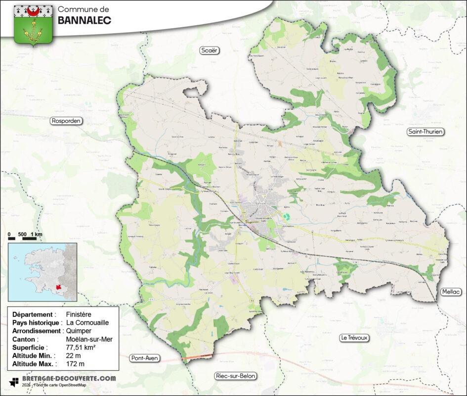 Carte de la commune de Bannalec dans le Finistère.