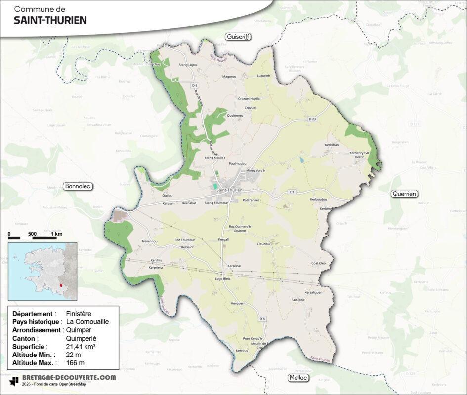 Carte de la commune de Saint-Thurien dans le Finistère.