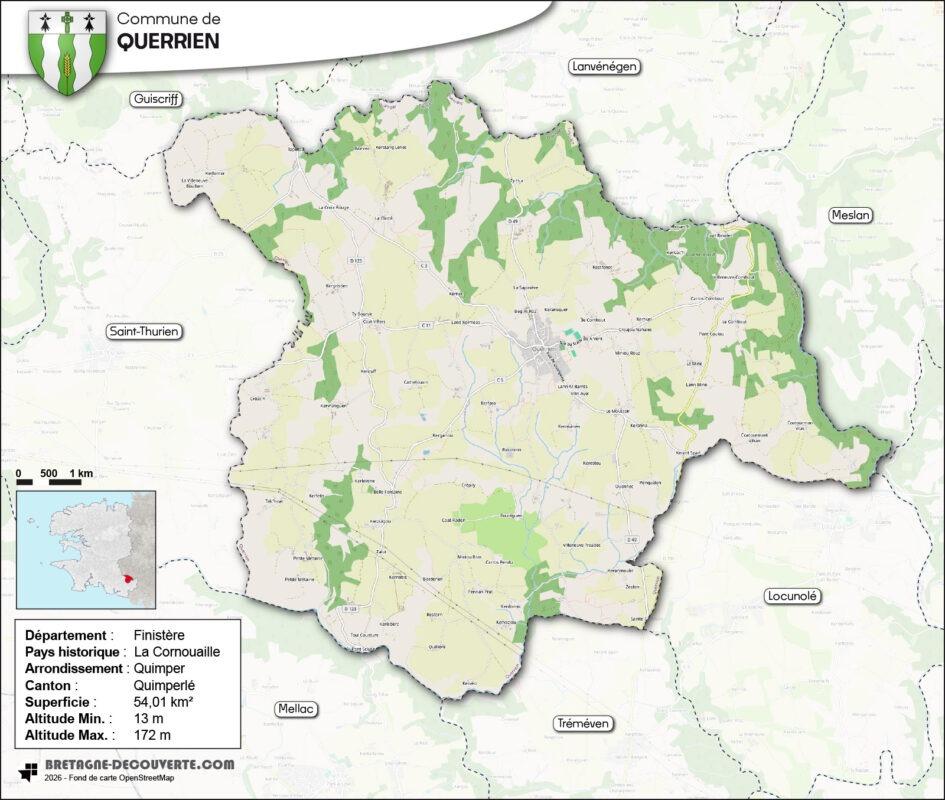 Carte de la commune de Querrien dans le Finistère.