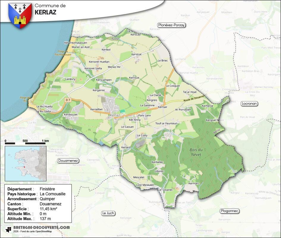 Carte de la commune de Kerlaz dans le Finistère.