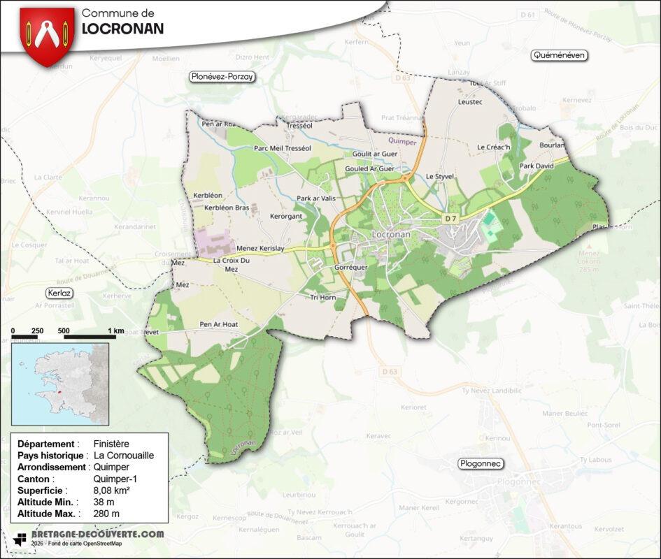 Carte de la commune de Locronan dans le Finistère.