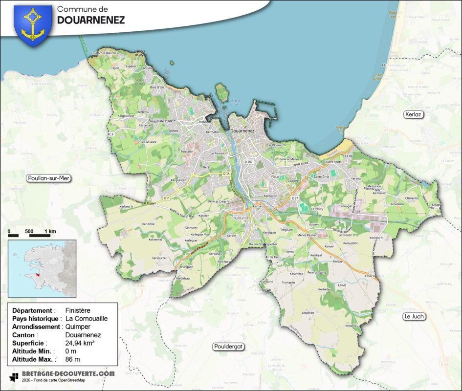 Carte de la commune de Douarnenez dans le Finistère.