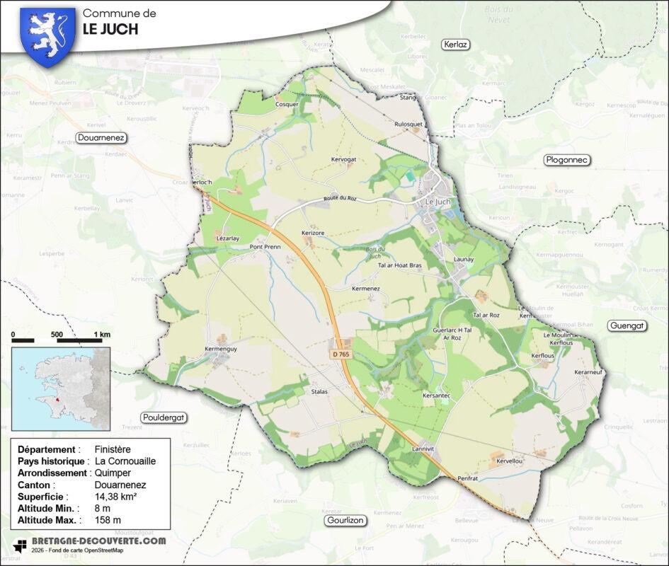 Carte de la commune de Le Juch dans le Finistère.