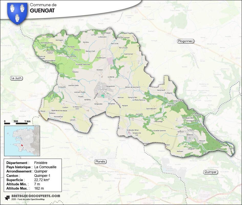 Carte de la commune de Guengat dans le Finistère.