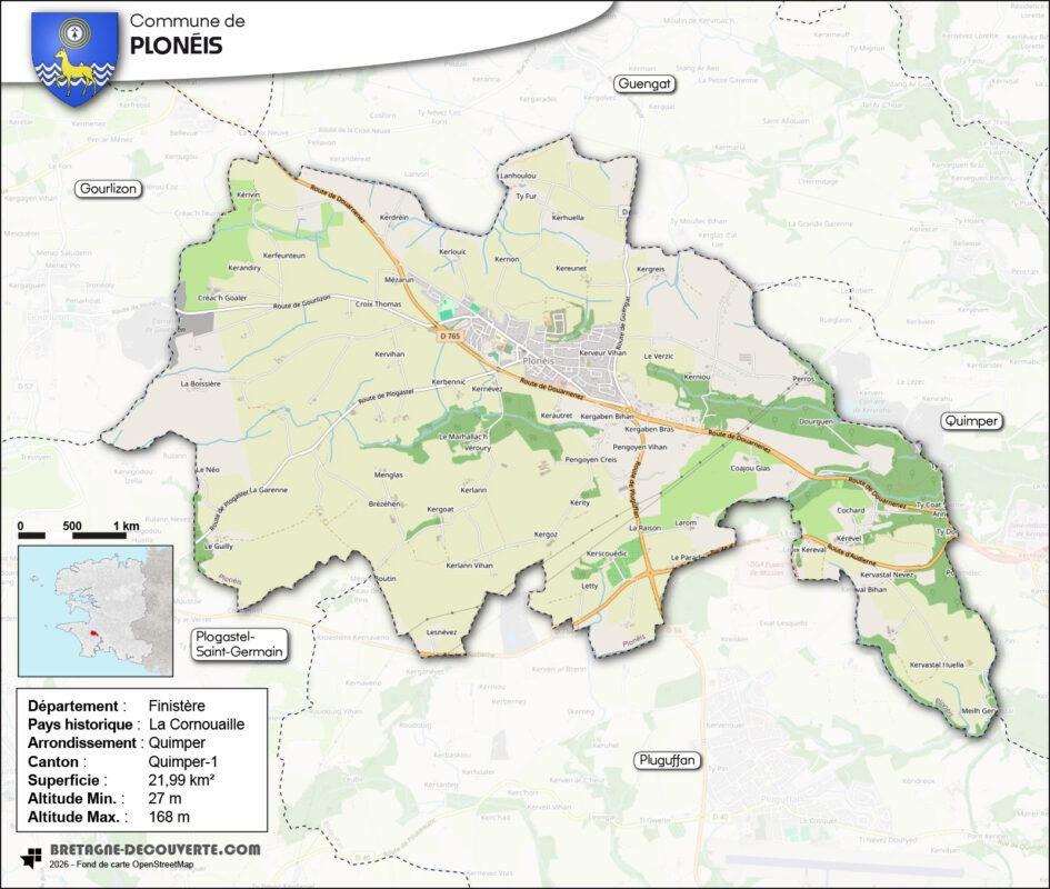 Carte de la commune de Plonéis dans le Finistère.