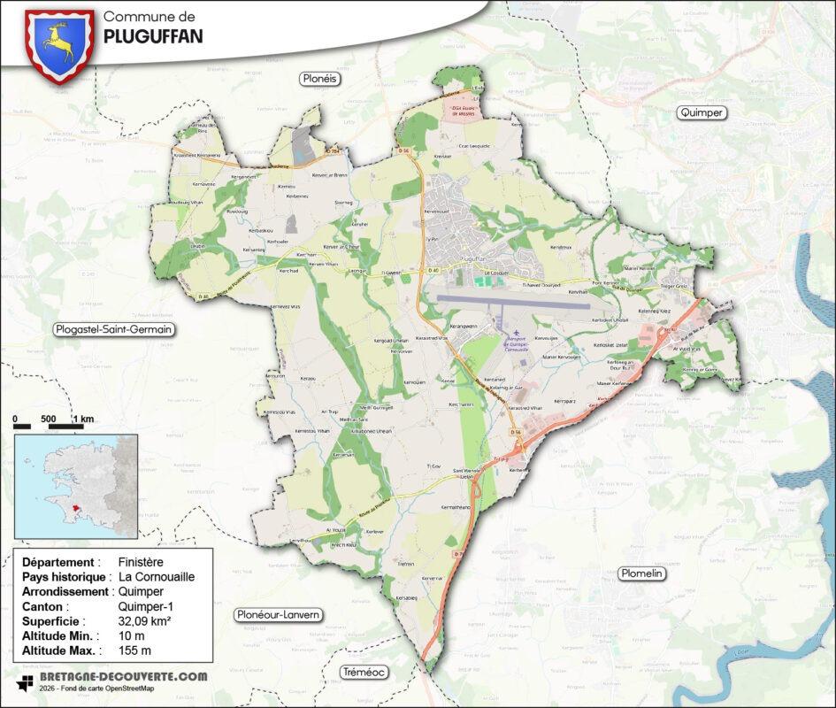 Carte de la commune de Pluguffan dans le Finistère.