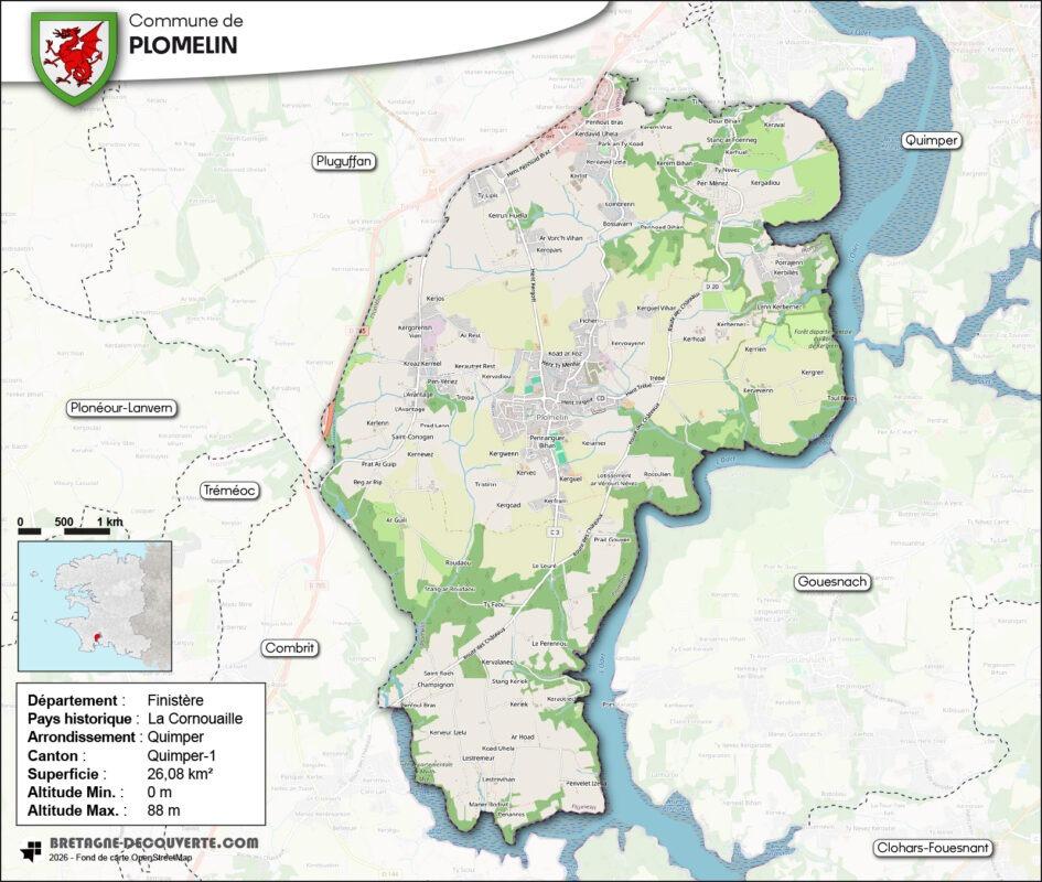 Carte de la commune de Plomelin dans le Finistère.