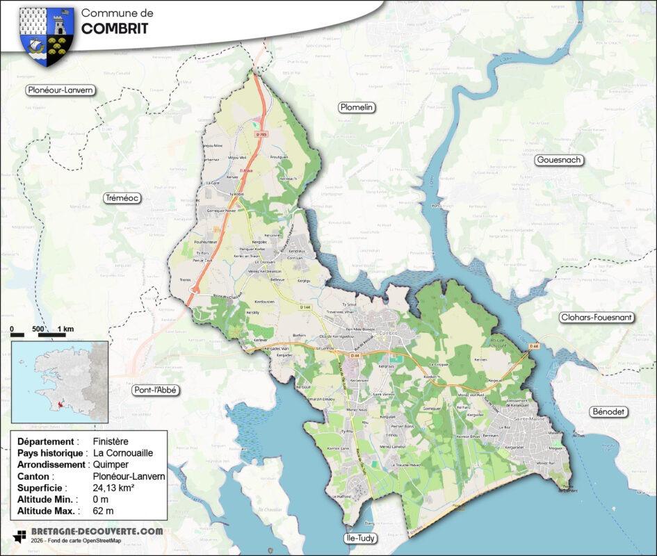 Carte de la commune de Combrit dans le Finistère.
