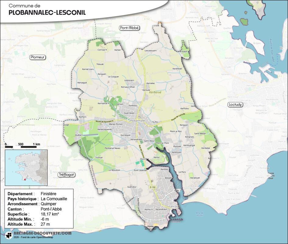 Carte de la commune de Plobannalec-Lesconil dans le Finistère.