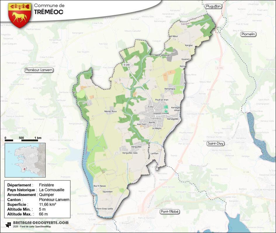 Carte de la commune de Tréméoc dans le Finistère.