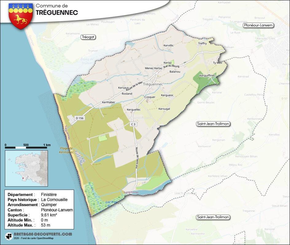 Carte de la commune de Tréguennec dans le Finistère.