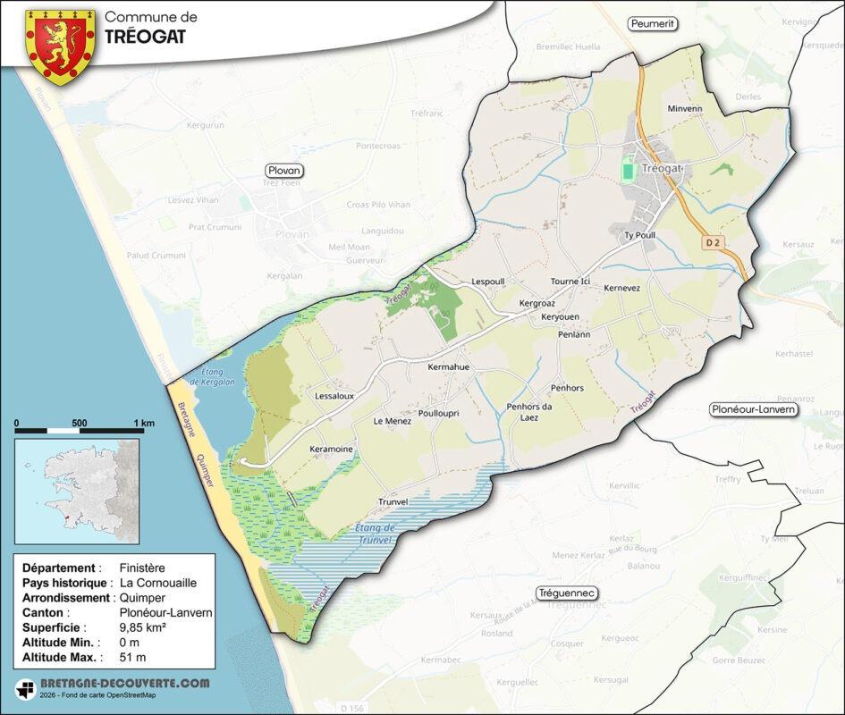 Carte de la commune de Tréogat dans le Finistère.