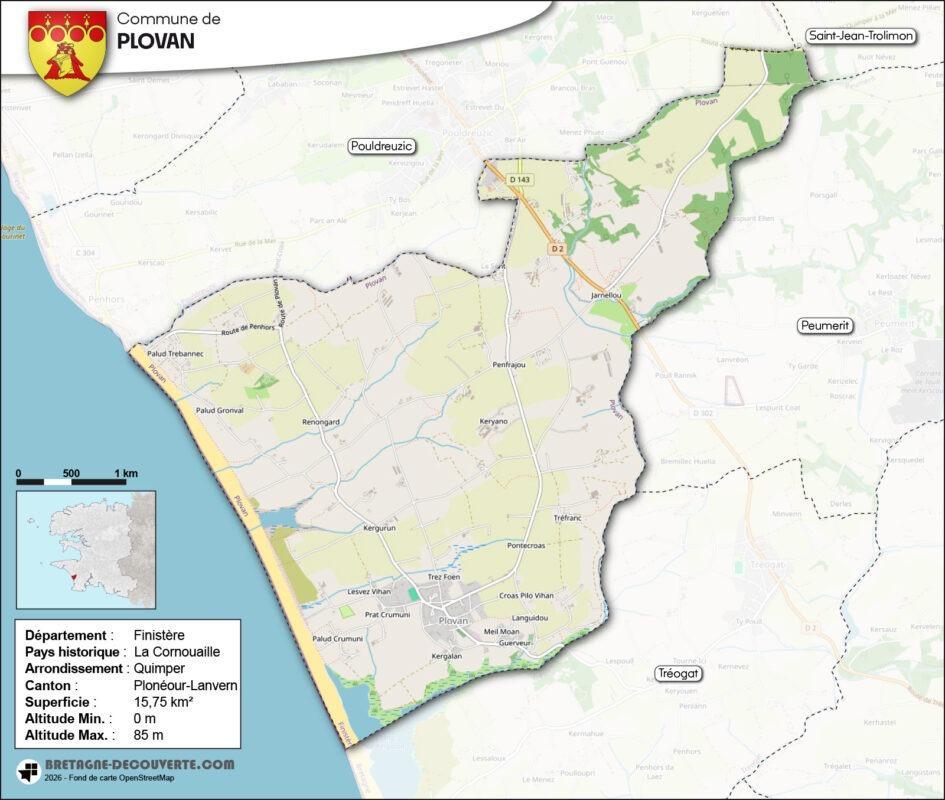 Carte de la commune de Plovan dans le Finistère.