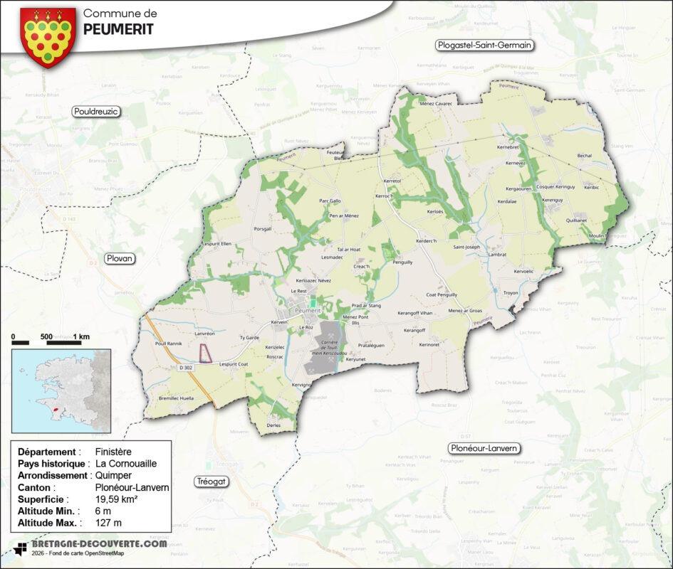 Carte de la commune de Peumerit dans le Finistère.