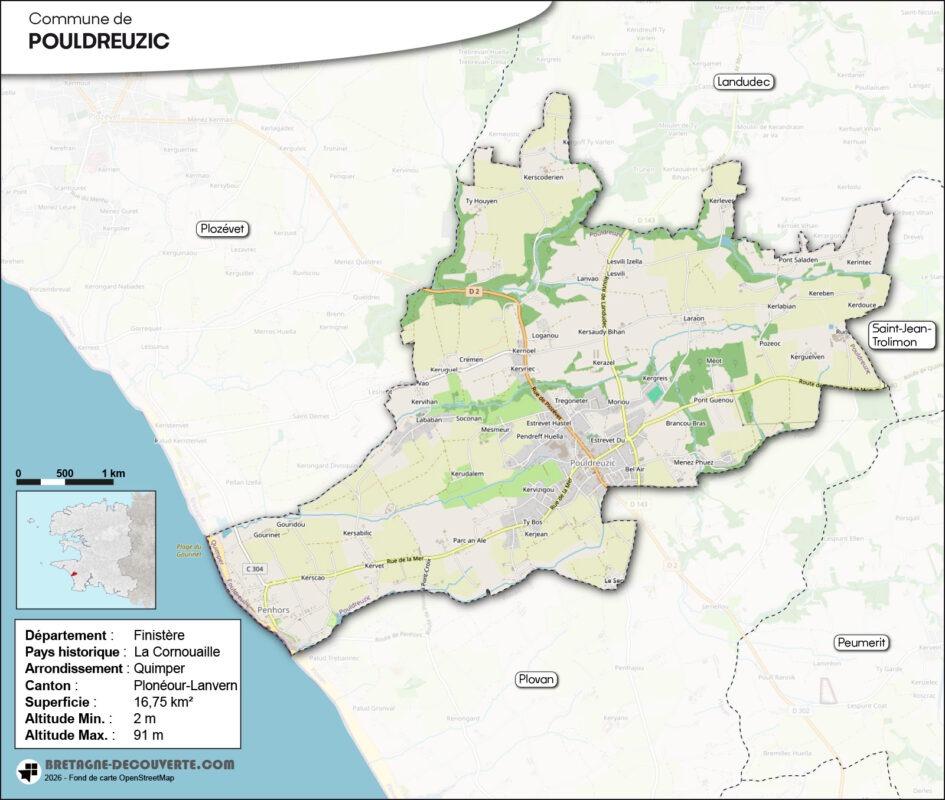 Carte de la commune de Pouldreuzic dans le Finistère.