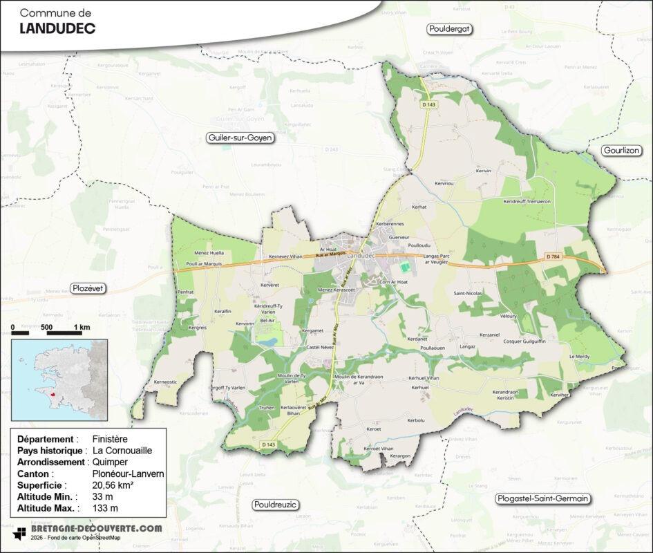 Carte de la commune de Landudec dans le Finistère.