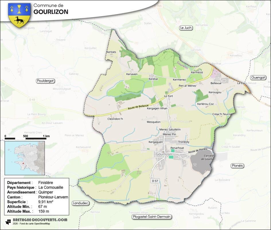 Carte de la commune de Gourlizon dans le Finistère.