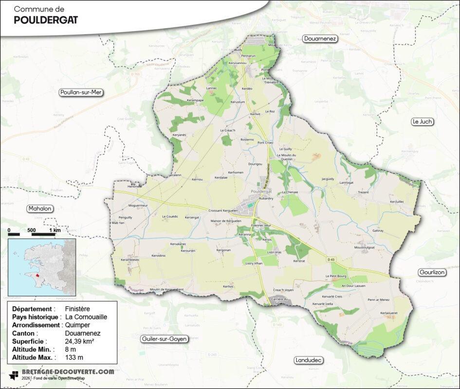 Carte de la commune de Pouldergat dans le Finistère.