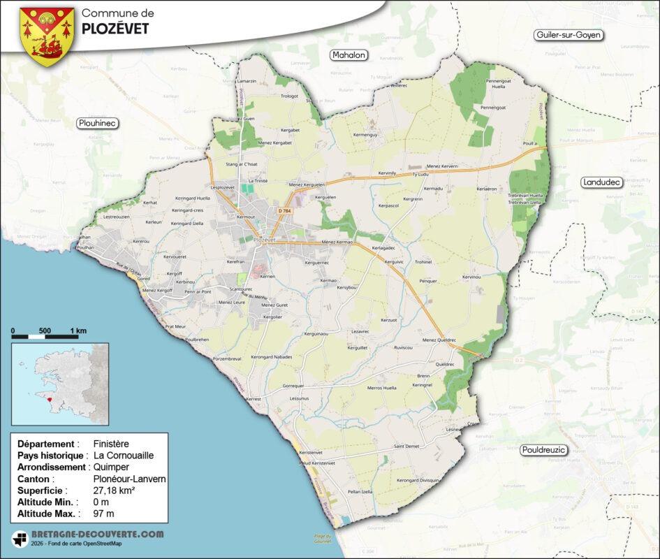 Carte de la commune de Plozévet dans le Finistère.