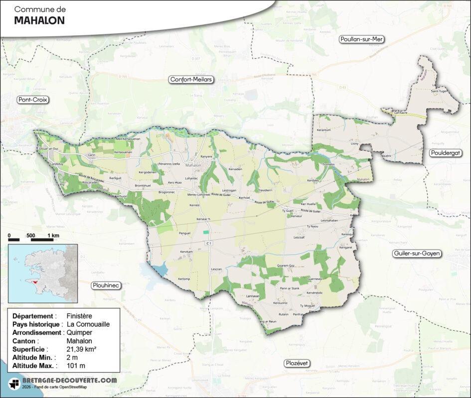 Carte de la commune de Mahalon dans le Finistère.