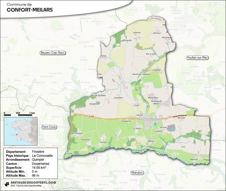 Carte de la commune de Confort-Meilars dans le Finistère.