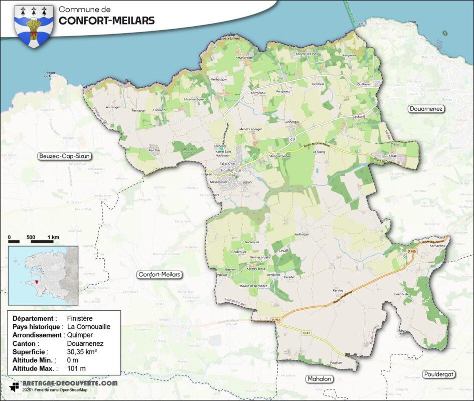 Carte de la commune de Poullan-sur-Mer dans le Finistère.