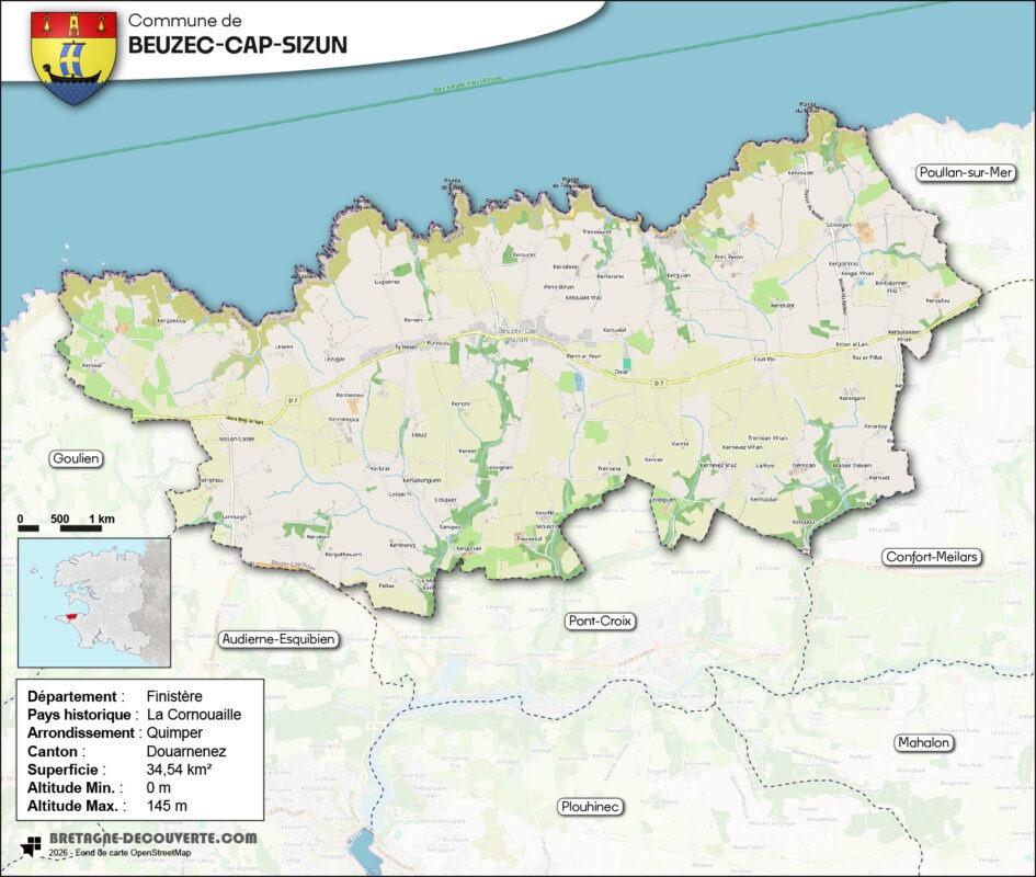Carte de la commune de Beuzec-Cap-Sizun dans le Finistère.