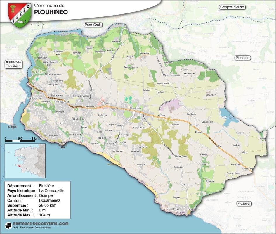 Carte de la commune de Plouhinec dans le Finistère.
