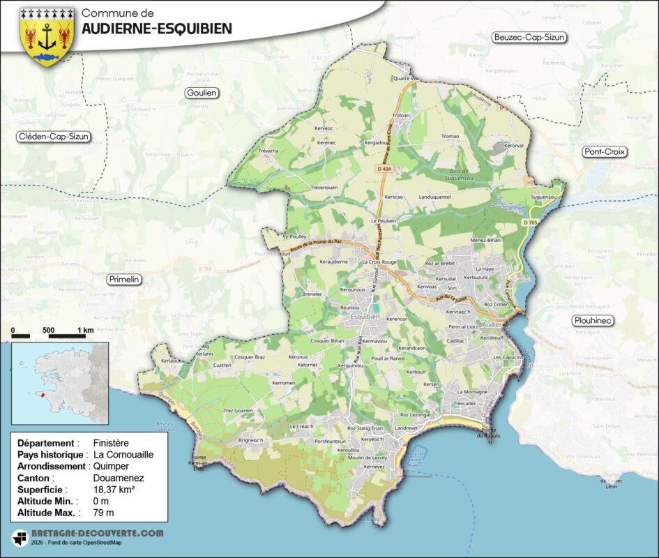 Carte de la commune d'Audierne-Esquibien dans le Finistère.