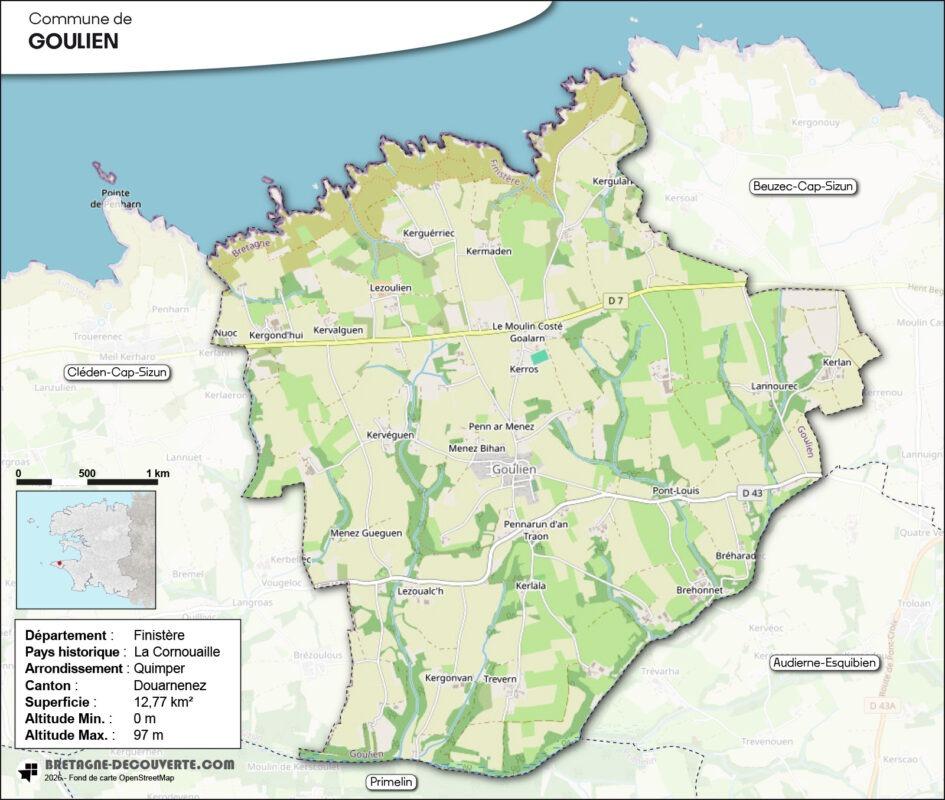 Carte de la commune de Goulien dans le Finistère.