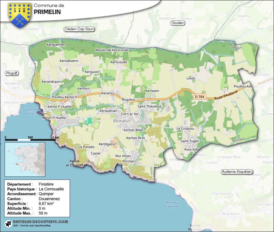 Carte de la commune de Primelin dans le Finistère.